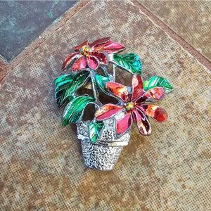 Vintage Silver Poinsettia Figural Holiday Christmas Brooch